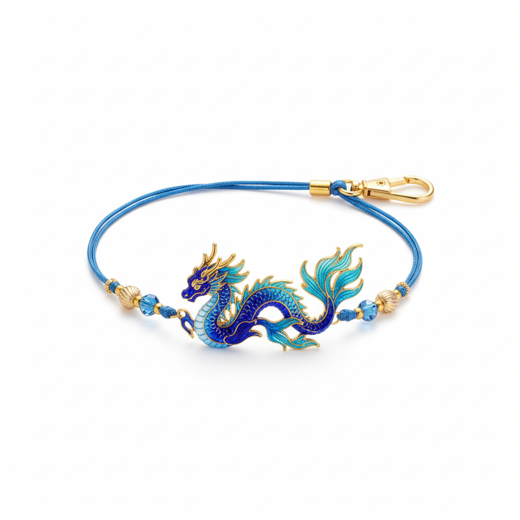 Sea dragon phone wristlet with blue and gold dragon focal piece on white background